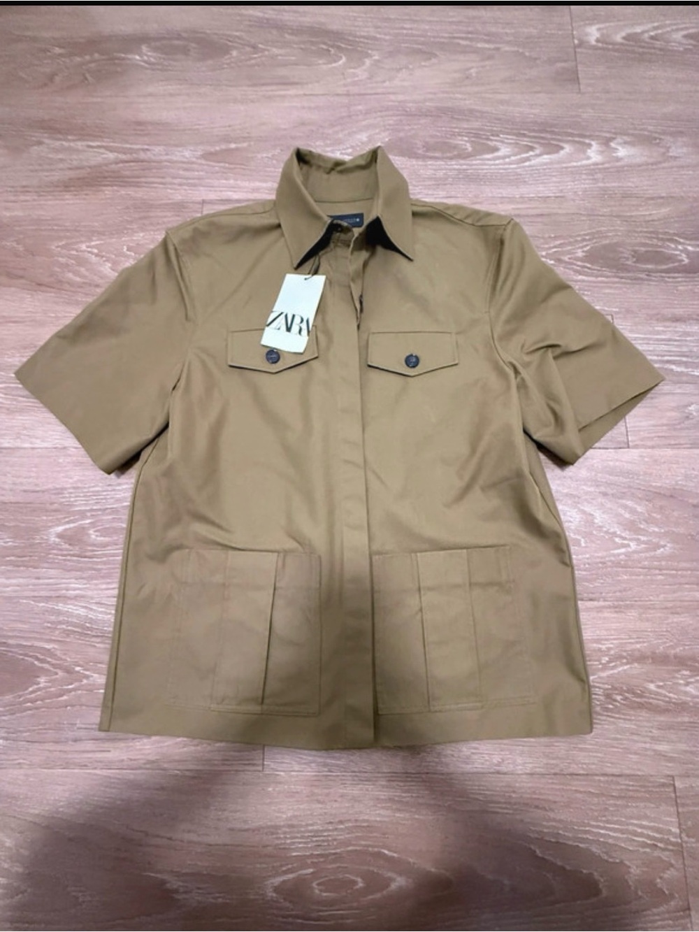 Zara Short-Sleeve Button-Front Shirt Jacket - Khaki